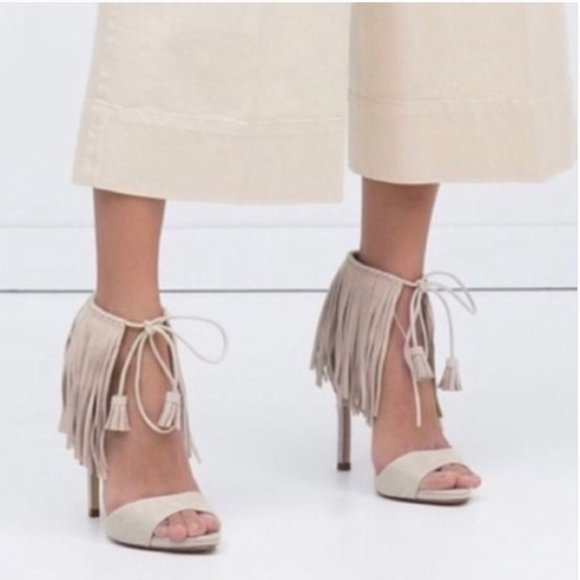 Zara BLACK High Heel Fringe Ankle Strap Sandals - Picture 3 of 8